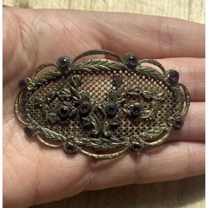 Vintage Filigree Brooch Purple Rhinestones Floral Scroll Gold Tone Estate Pin